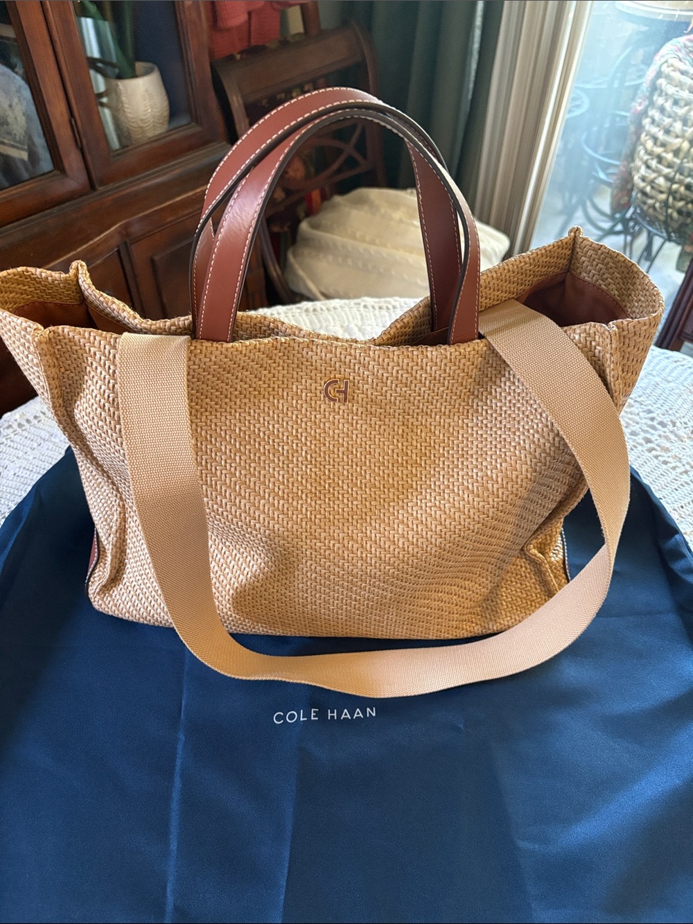 Cole Haan Woven Straw Tote with Brown Leather Handles and Tan Straps - Picture 4 of 4